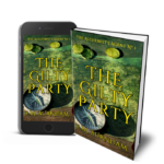 A compass covering a map with some battered old coins tossed across a wooden table. The Gilty Party cover available in print or ebook