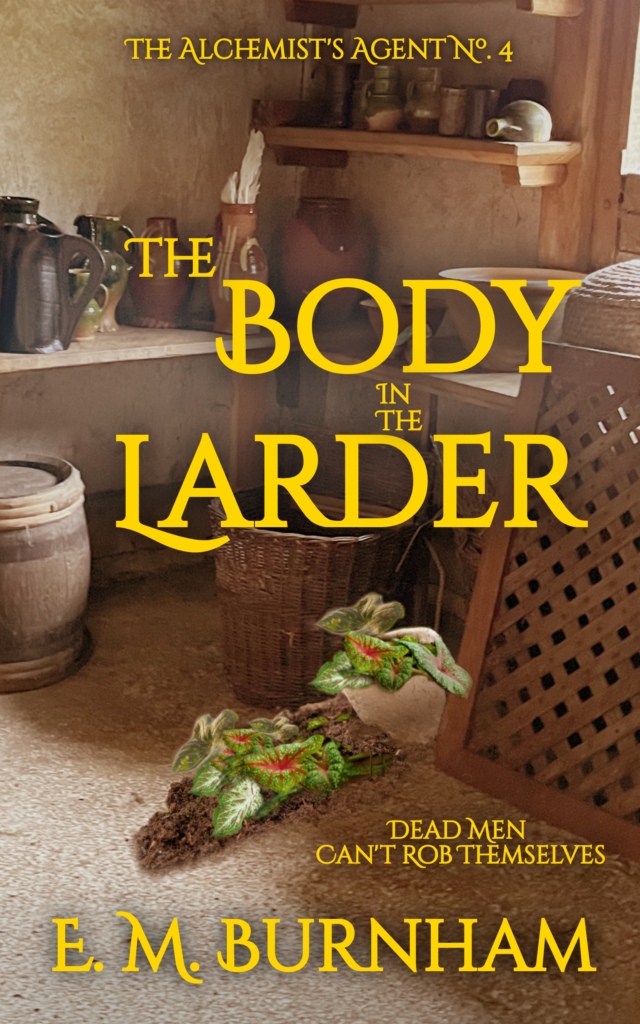 Book cover for The Body In The Larder. Two broken pots lie on the floor of a medieval larder, dirt and brightly covered plants strewn on the floor